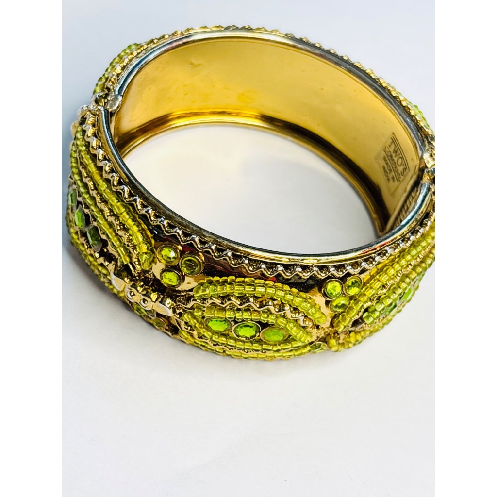Vintage Twos Company India Gold Hinged Bangle Bracelet With Green Beading & Rhin